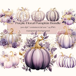 24 imágenes prediseñadas de otoño de acuarela púrpura y oro, flores secas, imágenes prediseñadas florales de calabazas, paquete de granja de otoño, decoración rústica, PNG de Acción de Gracias