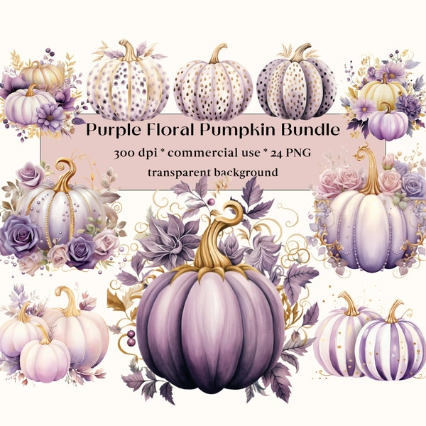24 Watercolor Purple & Gold Fall clipart, Dry flowers, Pumpkins Floral Clipart, Autumn Farmhouse Bundle, Rustic decor,  Thanksgiving PNG