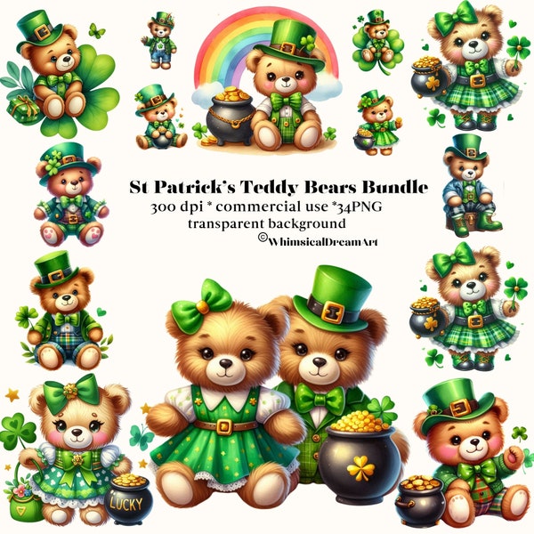 34 Watercolor St. Patrick's Teddy Bears clipart bundle, St Patrick designs, Teddy bear PNG transparent, printable, crafts, 4-leaf clover