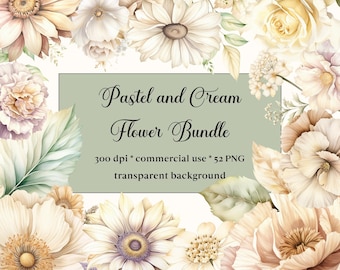 52 Flores em aquarela pastel, creme e bege PNG, buquês de clipart floral em aquarela, elementos, uso comercial, clipart digital, pacote