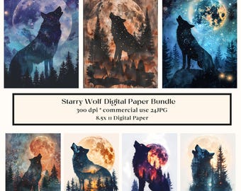 24 Starry Wolf Junk Journal Printable Pages, Printable Junk Journal Pages, Forest Wolves Junk Journal Kit, Instant Download, Ephemera, Diary