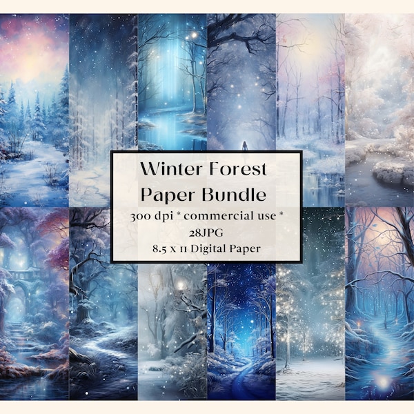 28 Winter Forest Landscape Digital Paper, Enchanted Snow Forest Background, Fantasy Landscape Backdrop, Fairy Lights, Junk Journal