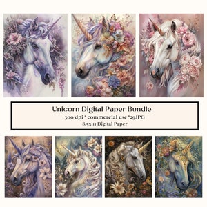 29 Carta digitale Unicorno Fantasy, Sfondo fata, Fondali digitali Fiore incantato, Sfondo fantasy, Cavallo magico, Diario, Floreale