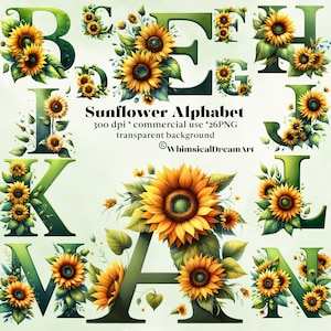 Letras decorativas de imágenes prediseñadas de girasol para uso comercial, arte digital, sublimación de garabatos alfabéticos, manualidades de bricolaje, álbumes de recortes, diarios basura