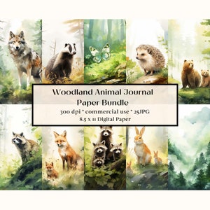 25 Woodland Animal Digital Paper, Watercolor Forest Printable Pages, Woodland Animals Paper Kit, Digital Collage Sheet, Cute Baby Wildlife