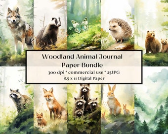 May include: A collection of watercolor illustrations featuring woodland animals such as a wolf, badger, butterfly, hedgehog, bears, raccoons, foxes, rabbits, and forest scenes. The text reads "Woodland Animal Journal Paper Bundle" and "8.5 x 11 Digital Paper".