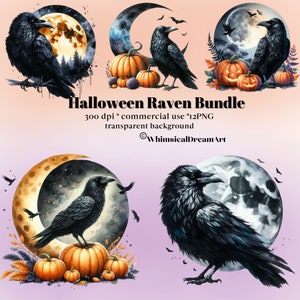 May include: A digital download bundle of four Halloween-themed raven illustrations. Each raven is perched on a crescent moon with a full moon in the background. The ravens are black with a blue sheen. The moons are gray and white with a watercolor effect. The illustrations are set against a pink background. The text "Halloween Raven Bundle" is written in black at the top of the image. The text "300 dpi * commercial use * 12 PNG" is written in black below the title. The text "transparent background" is written in black below the previous text. The text "©WhimsicalDreamArt" is written in black below the previous text.