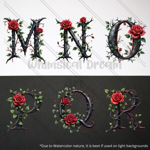 Dark Fantasy Rose Alphabet Clipart, Gothic Floral Letters A to Z Monogram Romantic Botanical Letters Stickers Wedding,Uppercase Alphabet Set image 4