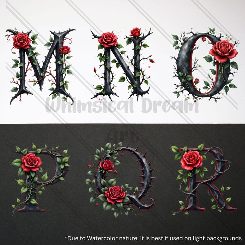 Dark Fantasy Rose Alphabet Clipart, Gothic Floral Letters A to Z Monogram Romantic Botanical Letters Stickers Wedding,Uppercase Alphabet Set image 4