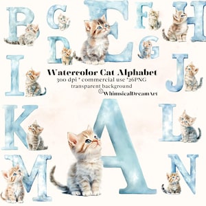 Clipart lettres décoratives chat bleu, jeu de l'alphabet majuscules, cliparts sublimation cartes de personnalisation, chaton aquarelle mignon