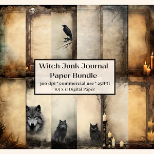 May include: A digital paper pack with 25 images featuring a witchy theme. The images include a wolf, a cat, a raven, candles, and vintage frames. The images are 300 dpi and 8.5 x 11 inches.