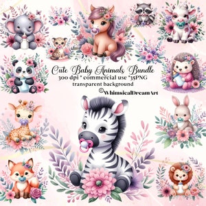 35 acquerello carino bambino animale Clipart, animali Png, immagini del bambino, pacchetto Clipart, sfondo trasparente, download digitale, floreale, fiori