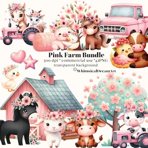 42 Clipart de animal de fazenda rosa aquarela - galinhas fofas, pintinhos, cavalos, vacas, celeiro, trator, caminhão, pacote PNG de animais bebês, uso comercial