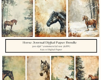 May include: A digital paper bundle featuring eight different designs with horses in a woodland setting. The designs include a variety of colours, including brown, black, white, and green. The paper is 300 dpi and is suitable for commercial use. The paper is 8.5 x 11 inches.