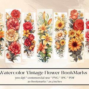 20 Aquarell Vintage Blumen Lesezeichen Designs, Druckbare digitaler Download, Sublimieren, Drucken und Schneiden, Bündel, Rose, Gänseblümchen, Lilie, Blumen, Herbst