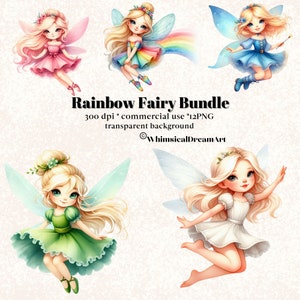 12 Aquarell Regenbogen Fee Sammlung Clipart, entzückende Pastell Pixie, Blumen PNG, magische Kinderzimmer, Magie, Elfen, Feen, kommerzielle Nutzung
