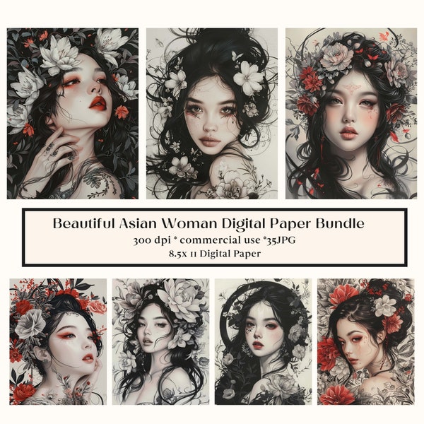 35 Beautiful Asian Woman Digital Paper, Vintage Oriental, JPG Instant Download, Grimoire Backdrop, Junk Journal, Floral, Fantasy, Geisha