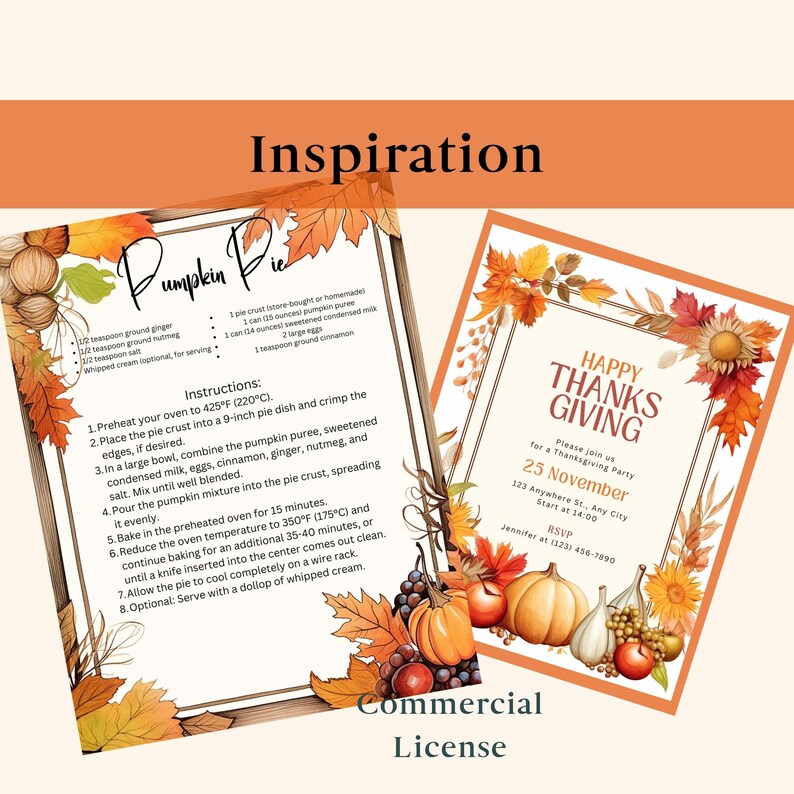 K&ouml;nnte beinhalten: Eine Thanksgiving-Einladung im Herbst-Design. Die Einladung zeigt einen goldenen Rahmen mit Herbstbl&auml;ttern, K&uuml;rbissen, Sonnenblumen und Trauben. Der Text lautet "Frohe Thanksgiving-Feier" und enth&auml;lt Datum, Uhrzeit und Ort der Veranstaltung. RSVP-Informationen sind ebenfalls enthalten.