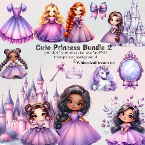 46 schattige prinses aquarel clipart, kleine prinses bundel, paard PNG, sprookjeskasteel, commercieel gebruik, klein meisje, paars, schoenen, kroon