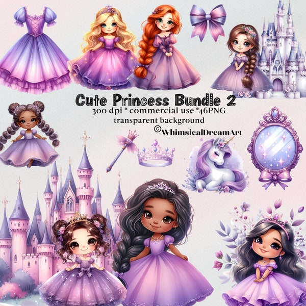 46 Cute Princess Watercolor Clipart, Little Princess Bundle, Horse PNG, Fairytale Castle, Commercial Use, Little Girl, Purple, Shoes, Crown