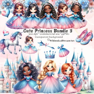 45 schattige prinses aquarel clipart, kleine prinses bundel, paard PNG, sprookjeskasteel, commercieel gebruik, klein meisje, roze, schoenen, kroon