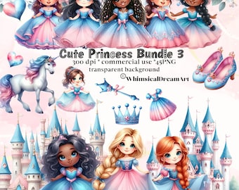 45 Cute Princess Watercolor Clipart, Little Princess Bundle, Horse PNG, Fairytale Castle, Commercial Use, Little Girl, Pink, Shoes, Crown