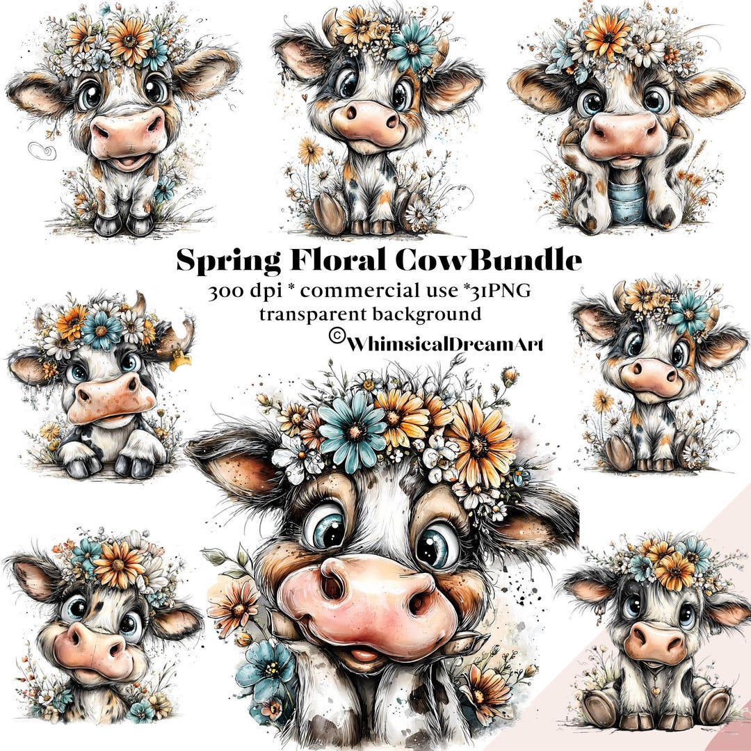 31 PNG Cow Clipart Floral Illustration, Watercolor Baby Farm Animal ...