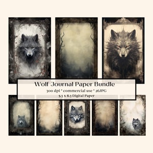 May include: A digital paper pack with 26 wolf themed designs. The designs feature wolves in a dark forest setting with a vintage frame. The pack is 300 dpi and 5.3 x 8.3 inches.
