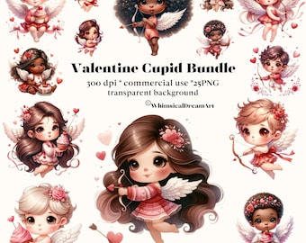 25 Watercolor Cute Valentines Cupid Clipart PNG, Valentines Day Bundle, Valentine cherub angel wings flowers, Digital, instant download