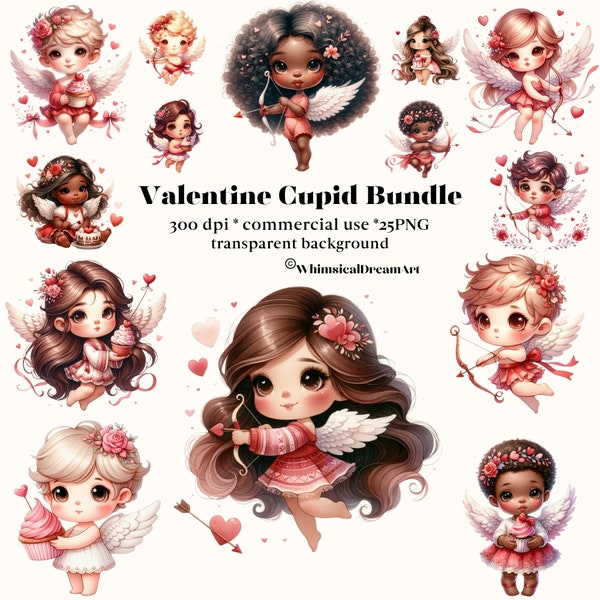 25 Watercolor Cute Valentines Cupid Clipart PNG, Valentines Day Bundle, Valentine cherub angel wings flowers, Digital, instant download