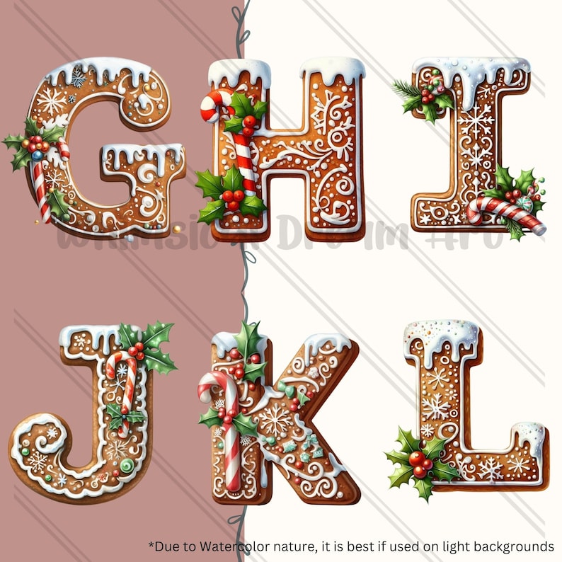 K&ouml;nnte beinhalten: Lebkuchenbuchstaben G, H, I, J, K und L, verziert mit Zuckerguss, Zuckerstangen, Stechpalmen und Schneeflocken. *Aufgrund der Aquarellnatur eignen sie sich am besten f&uuml;r helle Hintergr&uuml;nde*