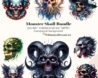 35 Monster Horror Skull Clipart Set,Gothic Skull Clip Art,Gothic Clipart, Fantasy, Head skull clipart, Skull PNG for sublimation, halloween