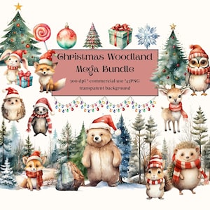 46 Weihnachten Waldtiere Clipart Aquarell Bundle, kommerzielle Nutzung, transparente PNGs, Winter, niedliches Waldtier, Ornamente, Geschenkanhänger