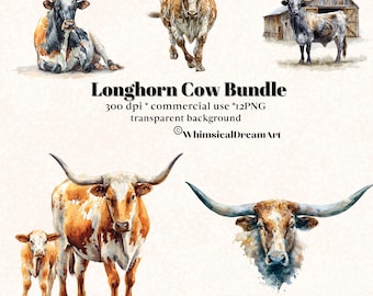 12 Watercolor Longhorn Cow Animal Collection Clipart, PNG Realistic Animals Clipart, Cute Animal, Animal Bundle, Commercial Use, Farm