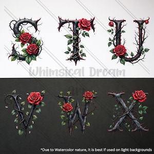 Dark Fantasy Rose Alphabet Clipart, Gothic Floral Letters A to Z Monogram Romantic Botanical Letters Stickers Wedding,Uppercase Alphabet Set image 5