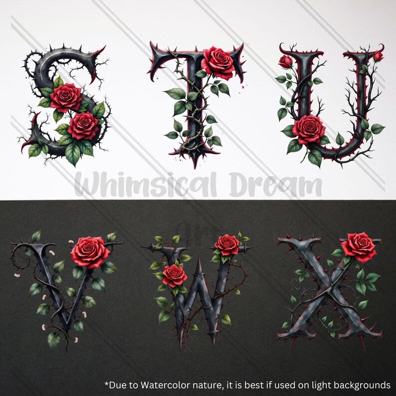 Dark Fantasy Rose Alphabet Clipart, Gothic Floral Letters A to Z Monogram Romantic Botanical Letters Stickers Wedding,Uppercase Alphabet Set image 5