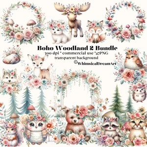 47 Boho bosdieren clipart aquarel bundel, commercieel gebruik, transparante PNG, babykwekerij, vos, beer, herten, egel, wasbeer, uil