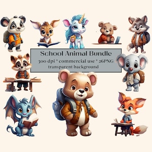 26 mignon bébé école animaux Clipart aquarelle Bundle, Jungle Safari PNG, vie sauvage africaine, sublimation numérique, Lion, zèbre, ferme, loup