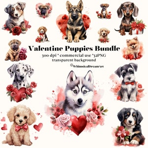 35 Valentijnsdag puppy clipart, Valentijnskaarten, lente, vakantie, schattige hond, harten, bloemen, digitale download, printbundel, dagboekkunst