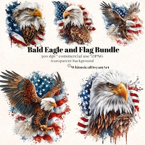 17 Patriotic Bald Eagle Clipart, USA Flag, Independence Day, 4th of July, Printable Watercolor, Rustic vintage, Papercraft, Junk Journal