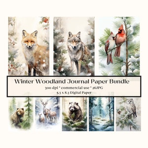 26 Winter Woodland Digital Paper, Watercolor Forest Printable Pages, Woodland Animals Paper Kit, Digital Collage Sheet, Cute Baby Wildlife
