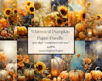 May include: A digital paper bundle featuring 24 whimsical pumpkin designs. The images feature pumpkins, sunflowers, and candles in a variety of autumnal colors. The text "Whimsical Pumpkin Paper Bundle 300 dpi * commercial use * 24 JPG 12x12 Digital Paper" is displayed on the image.