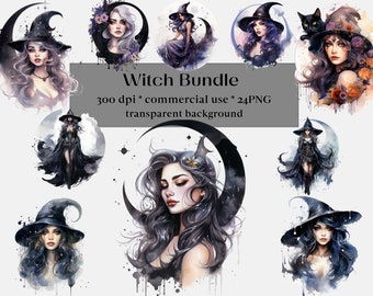 24 PNG Watercolor Dark Witch Clipart Bundle, Gothic Witchcraft Clip art, witch, magic, mystical, Pagan, Occult, Fantasy, Celestial, Black