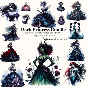 29 cliparts aquarelle princesse gothique, lot belle princesse, aquarelle méchante fille PNG, magie des fées sombres, illustrations de contes de fées magiques