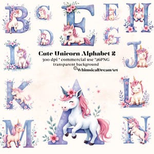 May include: A collection of watercolor illustrations featuring the alphabet letters A through M, each adorned with a unicorn and floral accents. The letters are in shades of blue and purple, with pink flowers and white unicorns. The text "Cute Unicorn Alphabet 2" is also present.
