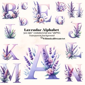 Letras decorativas prediseñadas de lavanda, conjunto de alfabeto en mayúsculas, alfabeto floral de acuarela, monograma de letra floral, inicial floral, floral png