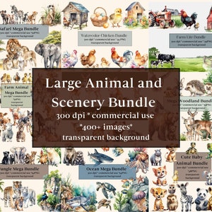 400+ Animal & Scenery Clipart Watercolor Bundle, Komercyjne zastosowanie, Safari, Farma, Szkółka Clipart, Lis, Koń, Jeleń, Krowa, Szop, Żyrafa