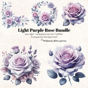 12 Aquarell hell lila Rose Sammlung Clipart, hell lila Rosenkranz, Rosen, Blume, Blumenrahmen PNG, Pastell, kommerzielle Nutzung