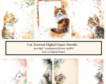 May include: A digital paper bundle featuring watercolor illustrations of cats. The bundle includes eight different designs, each with a unique cat pose and watercolor background. The designs are perfect for scrapbooking, card making, and other paper crafts.