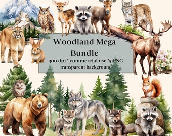 May include: Watercolor illustrations of woodland animals, including a bear, wolf, raccoon, deer, squirrel, lynx, owl, hedgehog, rabbit, and elk. The animals are set against a background of green trees and a mountain range. The text "Woodland Mega Bundle 300 dpi * commercial use * 51 PNG transparent background" is displayed in the center of the image.